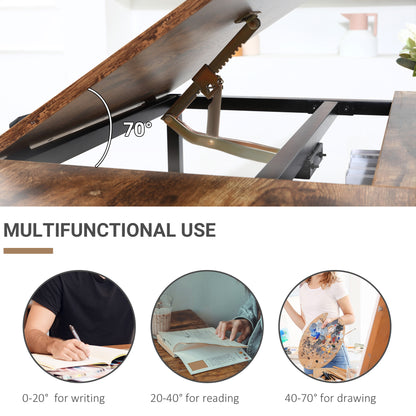 Adjustable Drafting Table Art Desk Drawing Table Craft Desk Workstation for Painting Multifunctional Writing Desk with Tiltable Tabletop and Storage Shelf Rustic Brown
