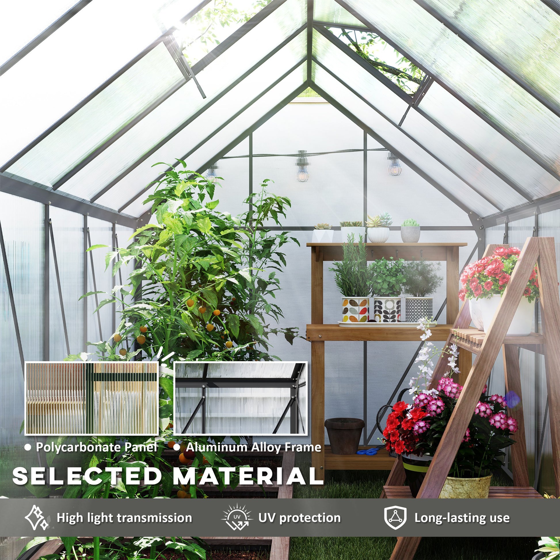 6' x 12' x 6.5' Polycarbonate Greenhouse, Walk-in Green House with Adjustable Roof Vent Galvanized Base Sliding Door Rain Gutter for Outdoor Garden Backyard, Charcoal Grey