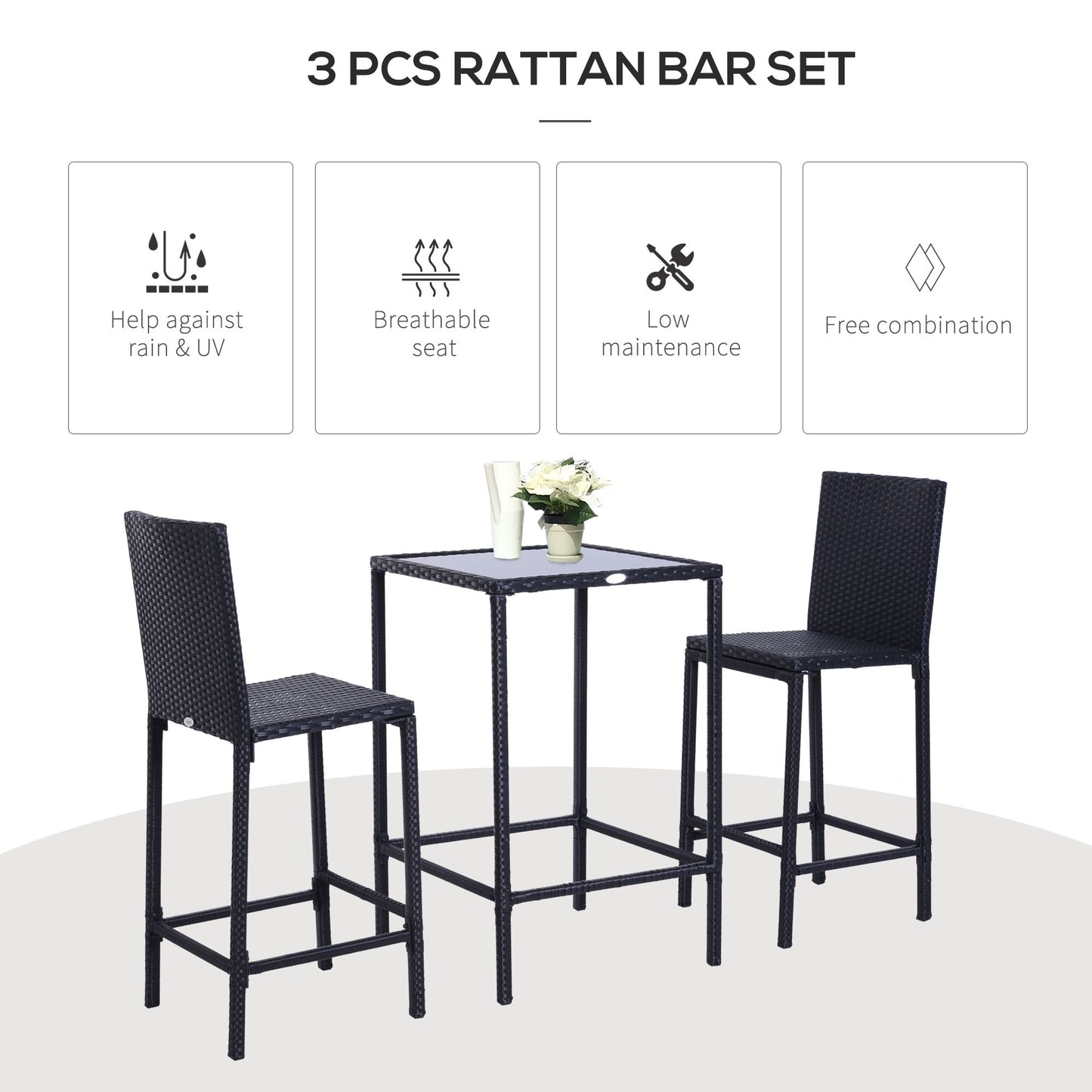 3 Piece Patio Bar Set Wicker Rattan Garden Bistro Set Barstool and Table for Patio Backyard Balcony Poolside, Black