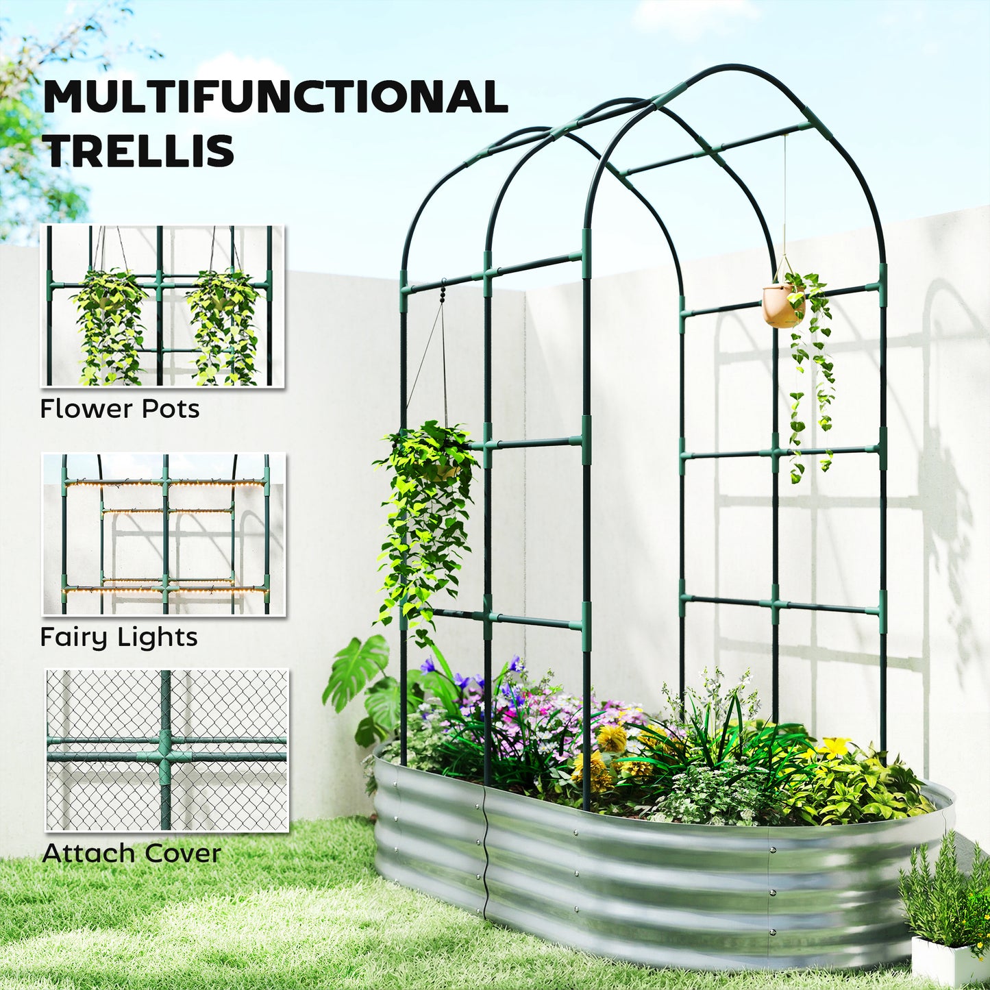 Galvanised Raised Garden Bed with Arched Trellis, 5 x 3 x 6ft Metal Outdoor Planter Box with Open Bottom, Silver