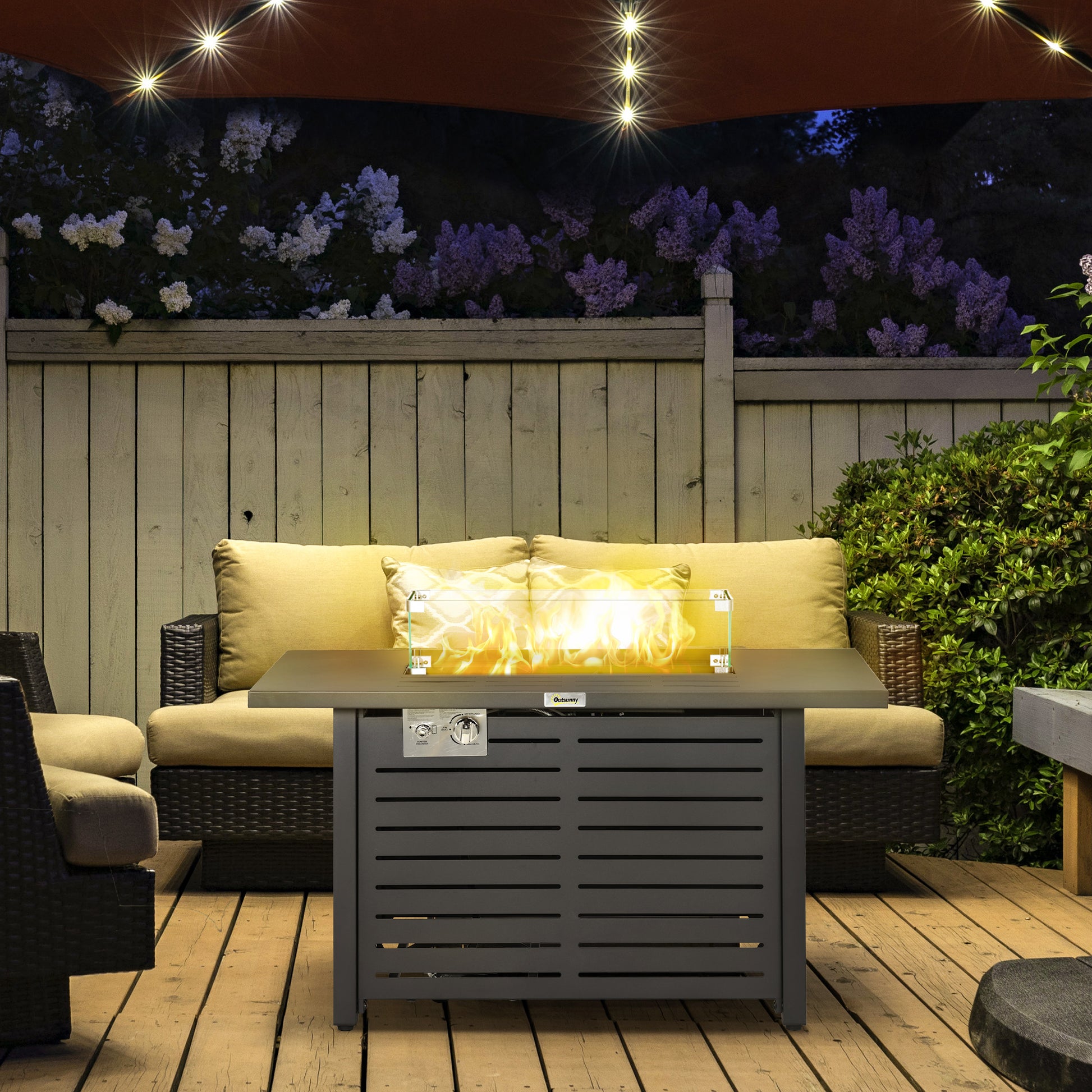 Propane Gas Fire Pit Table, Outdoor Firepit with 43" Steel Tabletop and Lid, 50,000 BTU Pulse Ignition Fire Table w/ Stainless Steel Burner, Glass Wind Guard, and Cover