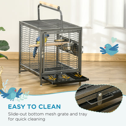 Bird Travel Carrier Cage, Portable Metal Bird Cage for Parrots Conures Cockatiel Parakeets with Stand Perch, Stainless Steel Bowls, Pull Out Tray, 19" x 15" x 26", Black