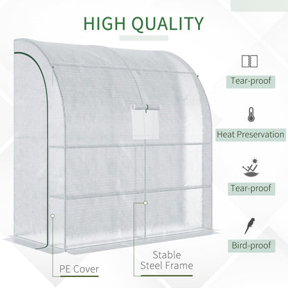 7' x 3' x 7' Outdoor Lean-to Walk-In Greenhouse w/ Roll-up Mesh Windows, Zipper Door and 3-Tier Shelves, White