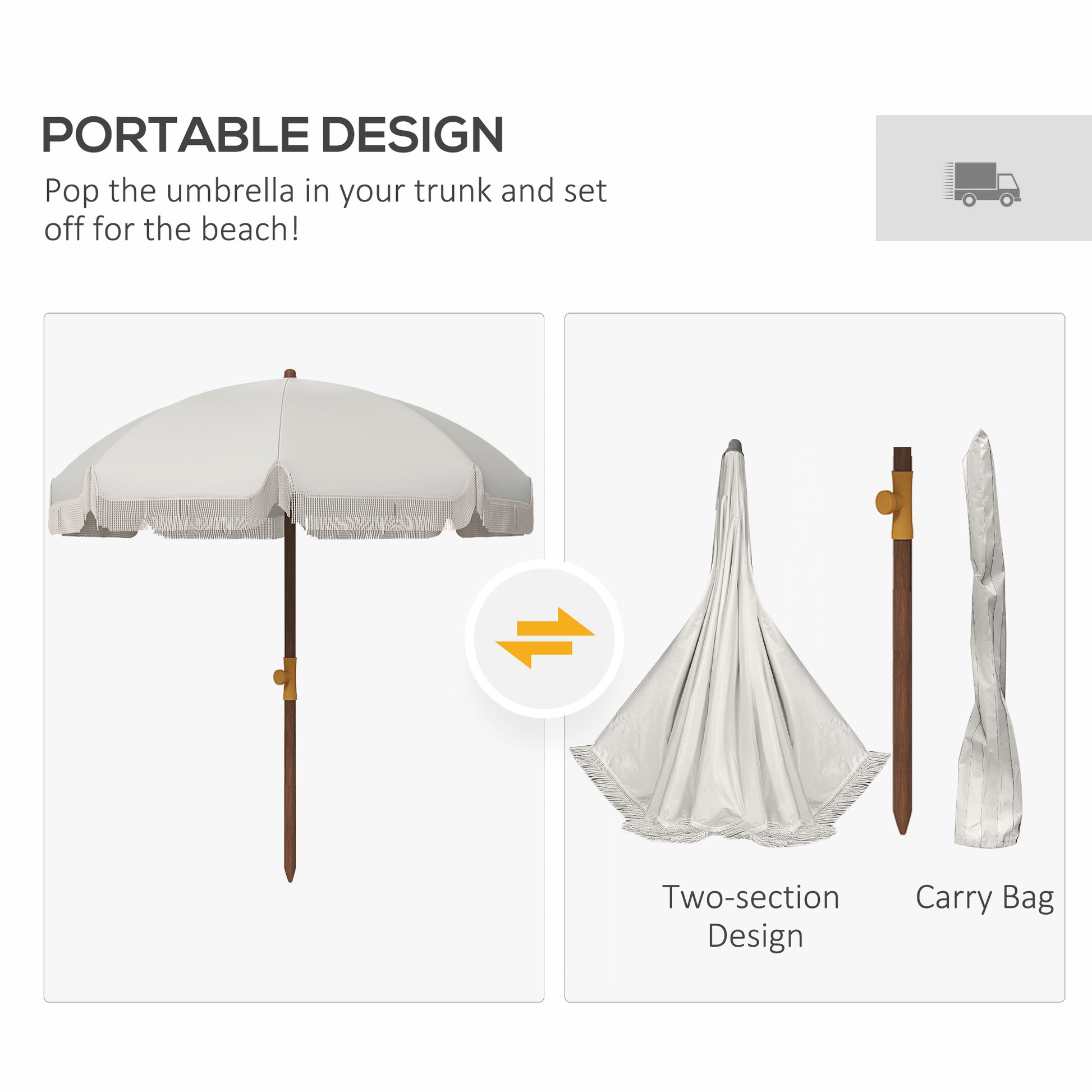 6.2' Beach Umbrella for Travel, Vent, Ruffles, Carry Bag, Portable Outdoor Umbrella for Garden, Light Grey