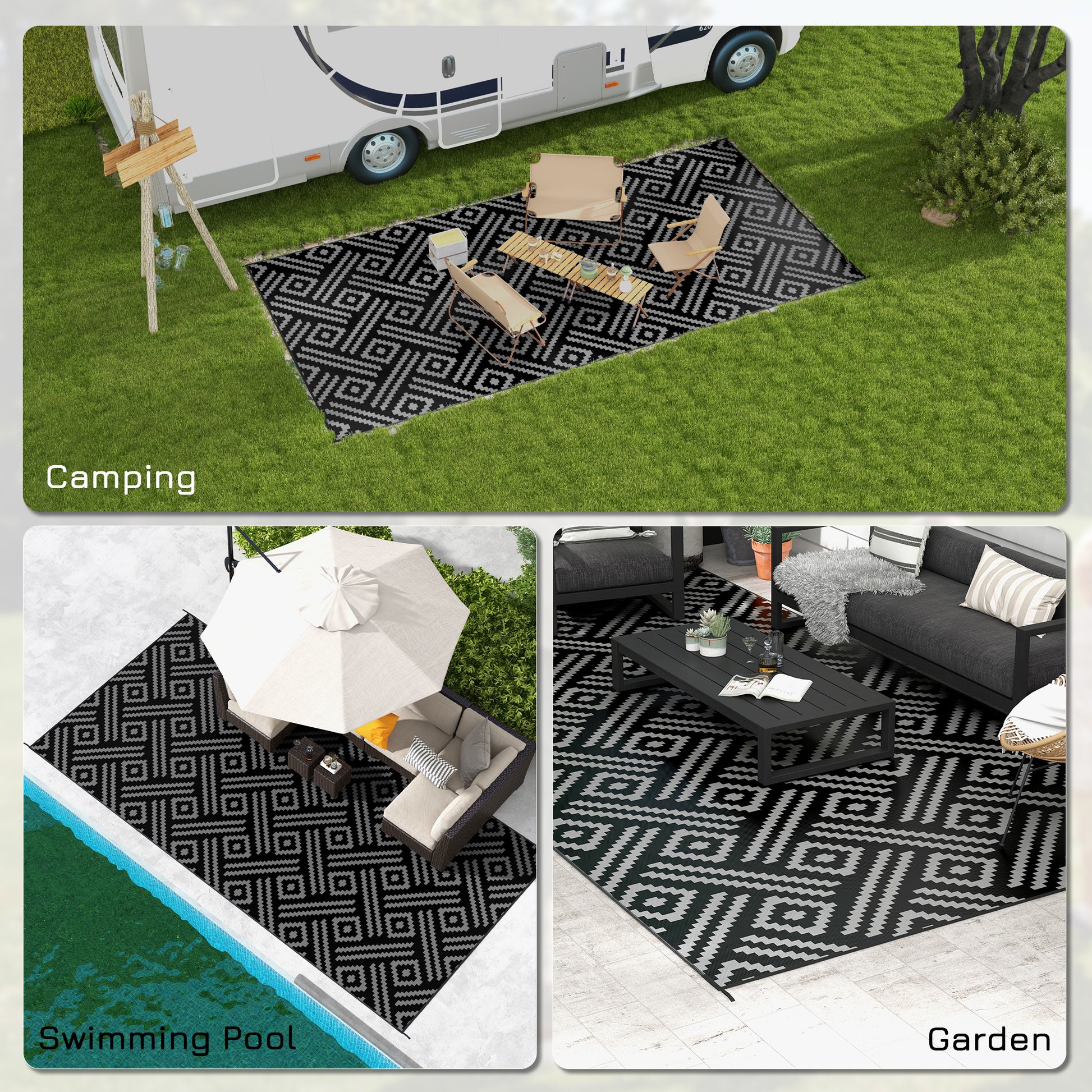 Reversible Outdoor Rug Waterproof Plastic Straw RV Rug with Carry Bag, 9' x 18', Black and Grey Geometric