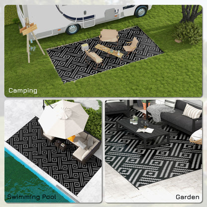 Reversible Outdoor Rug Waterproof Plastic Straw RV Rug with Carry Bag, 9' x 18', Black and Grey Geometric