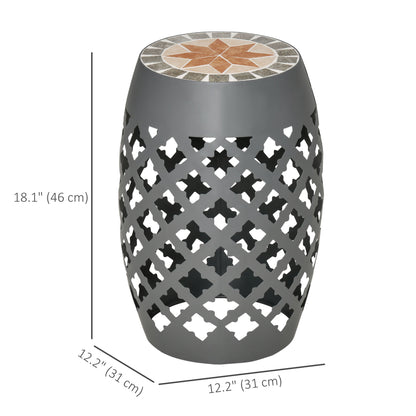 Ceramic Decorative Garden Stool, 12" Drum Outdoor Stool Side Table Plant Stand for Outdoor Indoor, Grey