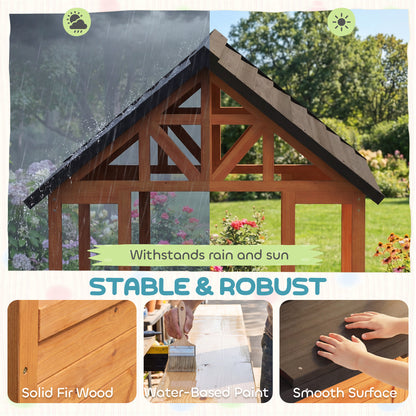 Qaba Wooden Playhouse Playhouse for Kids with Table, Benches, Sink Table, Windows, Flowerpot Holders, for Ages 3-8, Brown