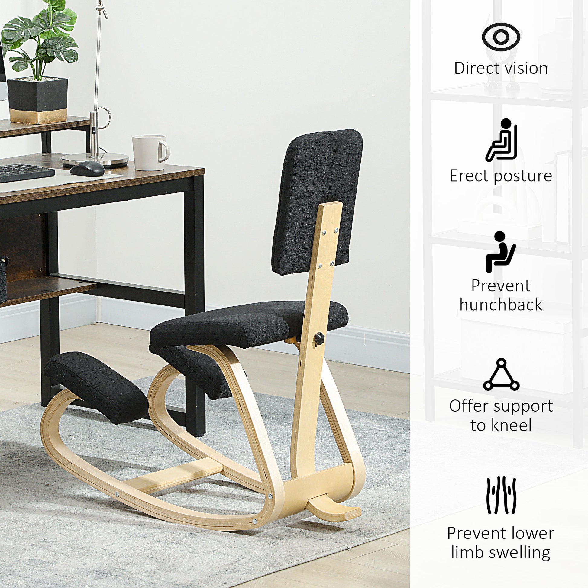 Ergonomic Kneeling Chair, Rocking Wood Kneel Stool with Backrest for Improve Posture, Back Pain, Black