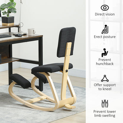 Ergonomic Kneeling Chair, Rocking Wood Kneel Stool with Backrest for Improve Posture, Back Pain, Black