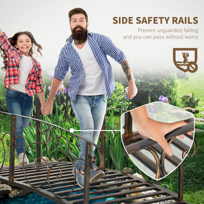 6FT Steel Garden Bridge with Safety Siderails, Decorative Arc Landscaping Bridge for Backyard Creek Stream Pond, Brown