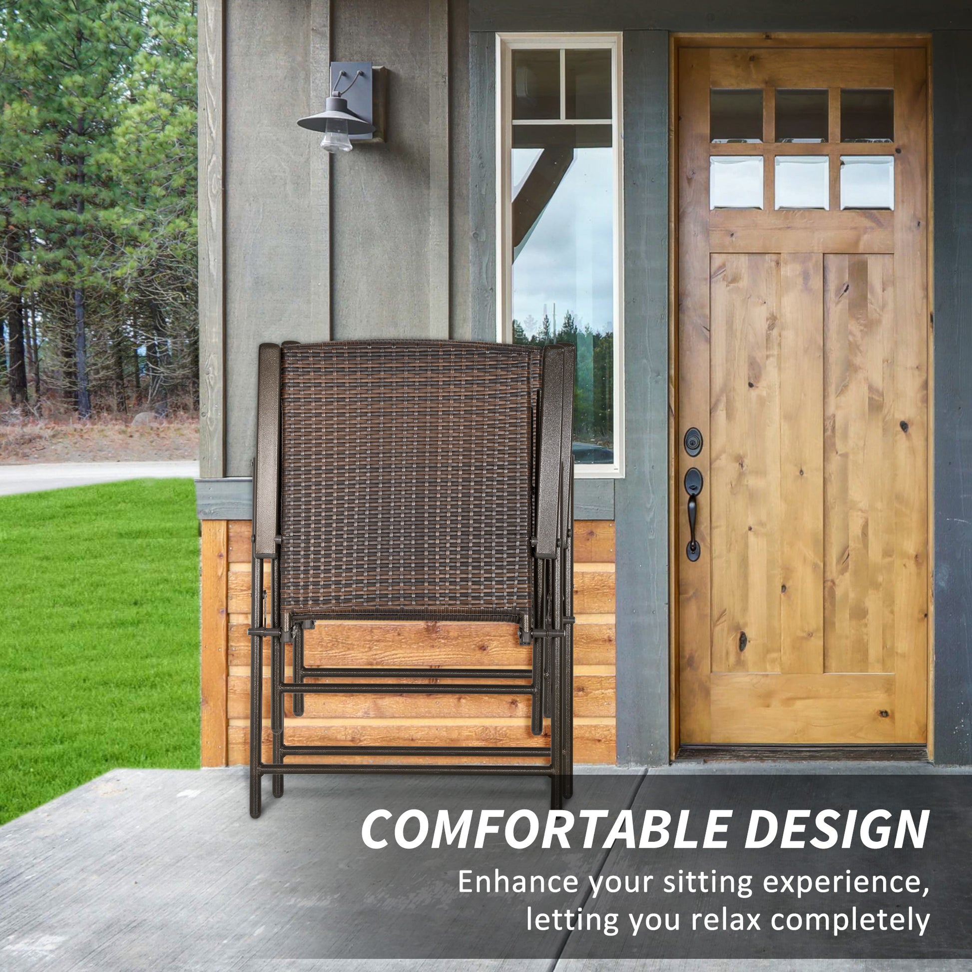Outdoor Wicker Dining Chair Set of 2, 2 Pieces Rattan Foldable Chair with Steel Frame for Garden, Backyard, Porch, Brown