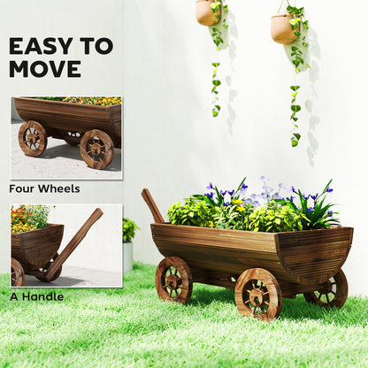 Wooden Wagon Planter Box, Mobile Garden Planter with 4 Wheels, Small Wheelbarrow Wagon Flower Cart with Drainage Holes
