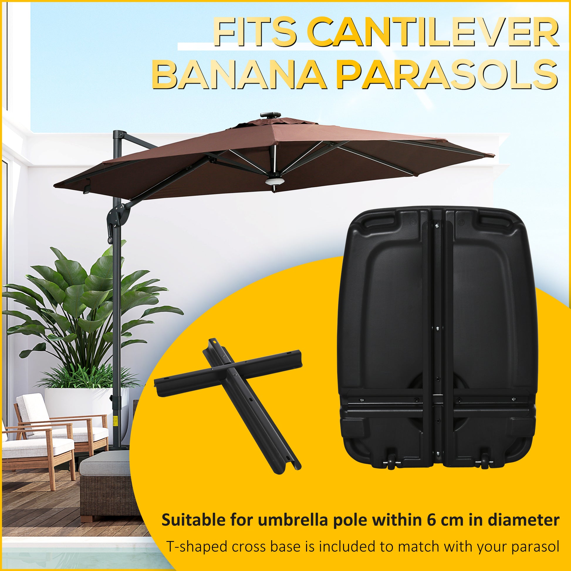 Cantilever Offset Umbrella Base Portable Square Parasol Weights with Wheels, Water and Sand Filled, Up to 165 lbs, Black