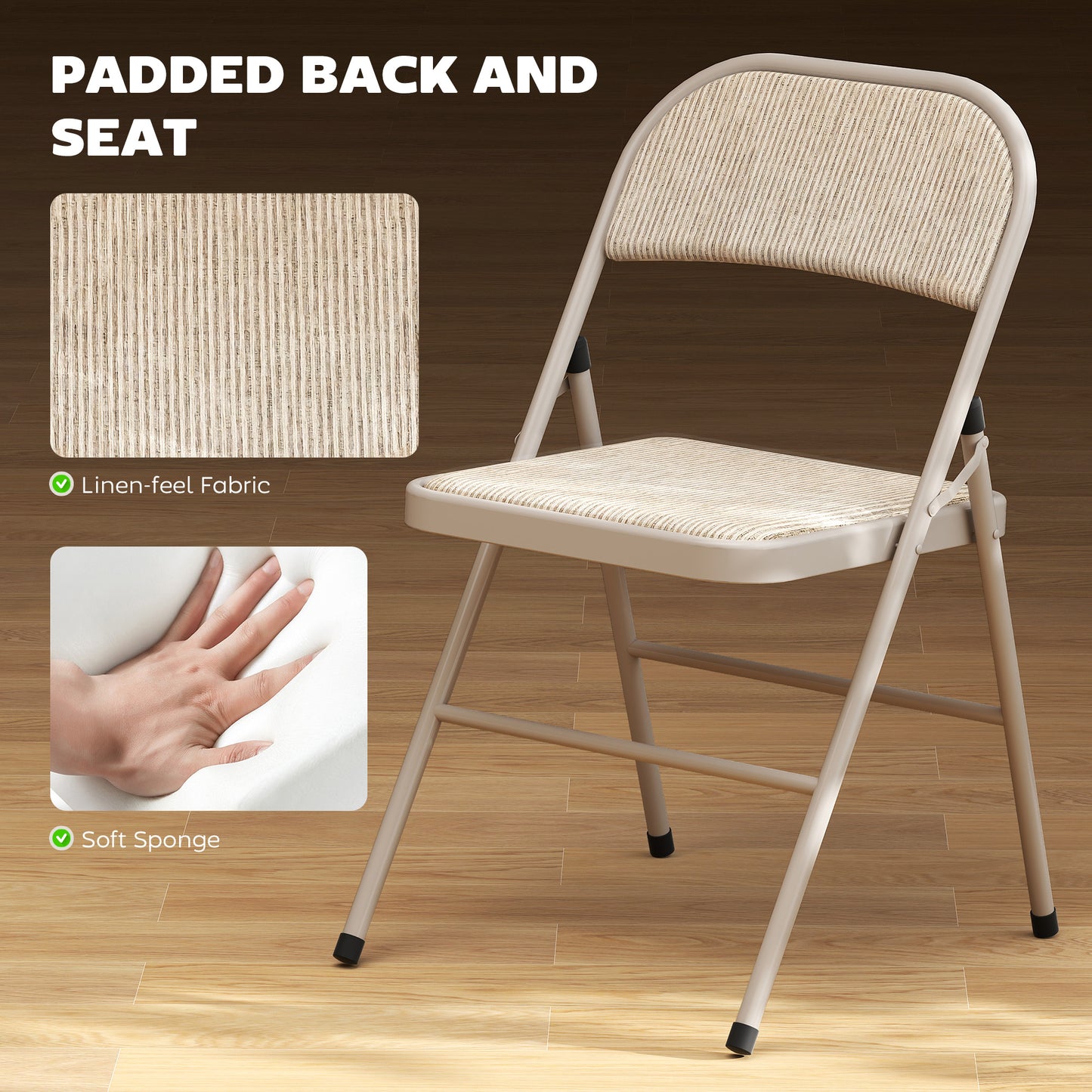 Set of 2 Metal Foldable Chairs, Faux Linen Padded Folding Chairs with Cushion Seat and Open Back for Indoor, Beige