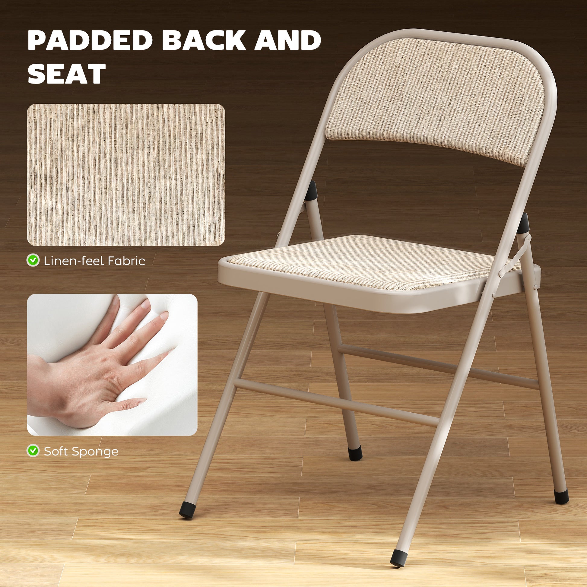 Set of 2 Metal Foldable Chairs, Faux Linen Padded Folding Chairs with Cushion Seat and Open Back for Indoor, Beige