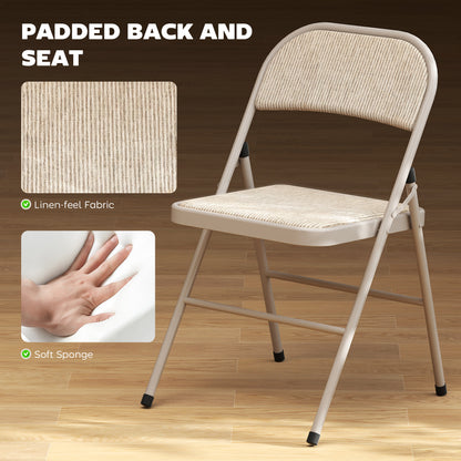 Set of 2 Metal Foldable Chairs, Faux Linen Padded Folding Chairs with Cushion Seat and Open Back for Indoor, Beige