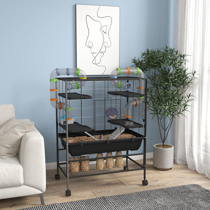 43" Rolling Hamster Cage with Tunnel Tube System, Storage Shelf, Exercise Wheel, Food Dish, Water Bottle, Ramp