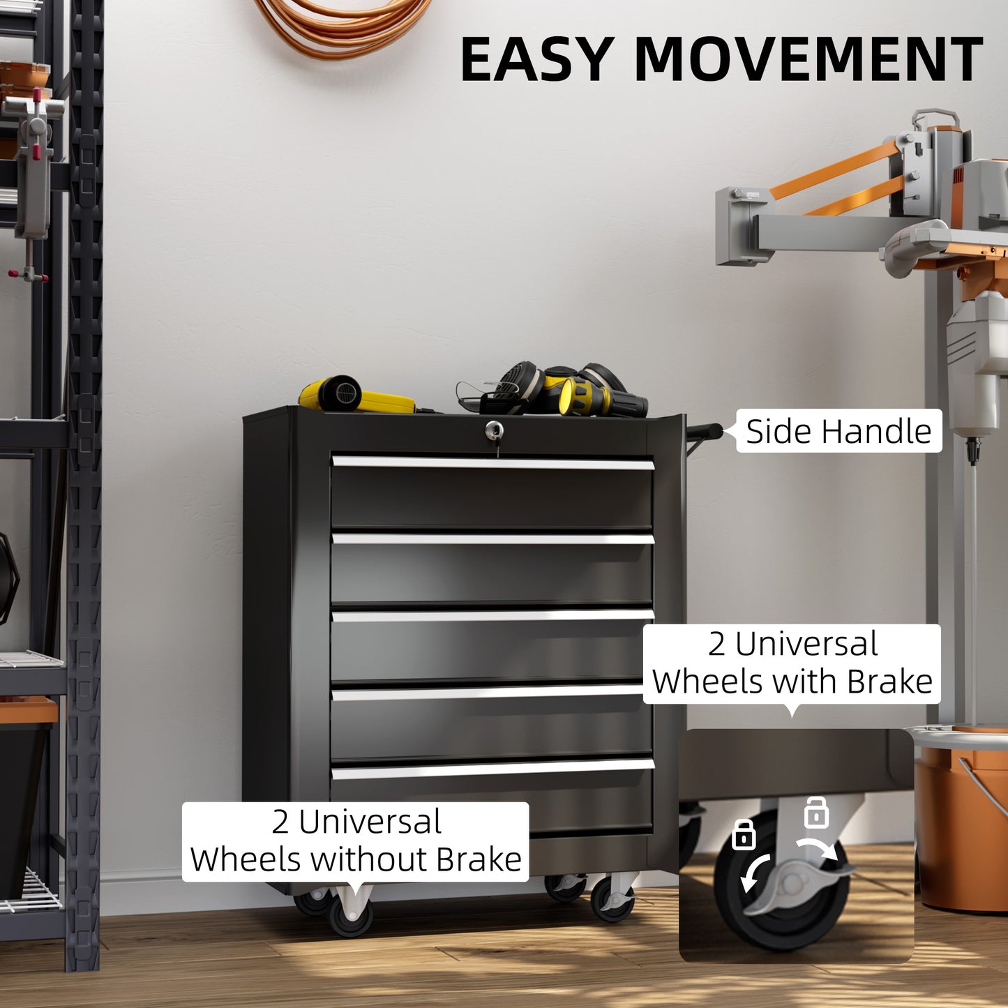 Rolling Tool Chest, 5-Drawer Lockable Tool Cabinet with 4 Wheels, Handle, Toolbox Storage Organizer for Garage, Workshop, Repair Shop, Black