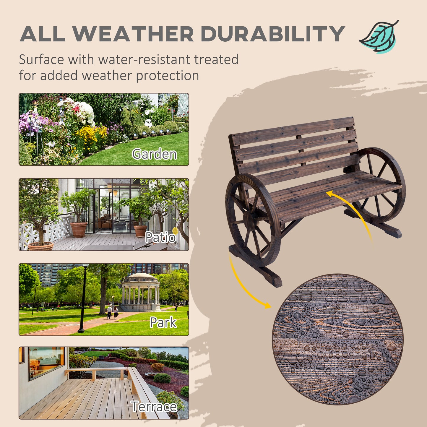 42" Wood Wagon Wheel Bench Garden Loveseat Rustic Seat Relaxing Lounge Chair Outdoor Decorative Seat Park Decor, Brown