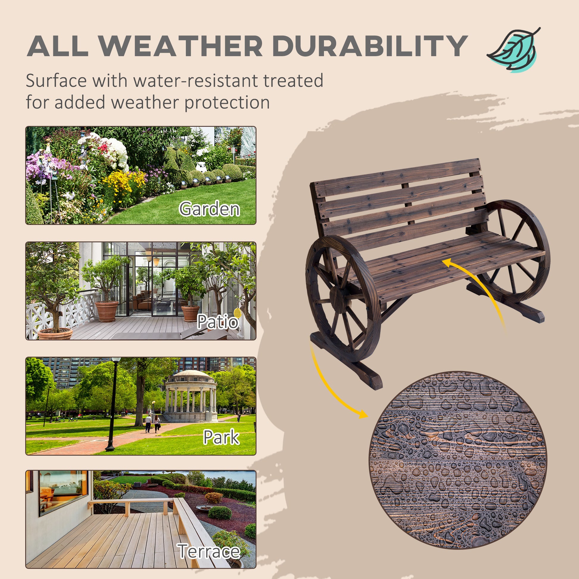 42" Wood Wagon Wheel Bench Garden Loveseat Rustic Seat Relaxing Lounge Chair Outdoor Decorative Seat Park Decor, Brown