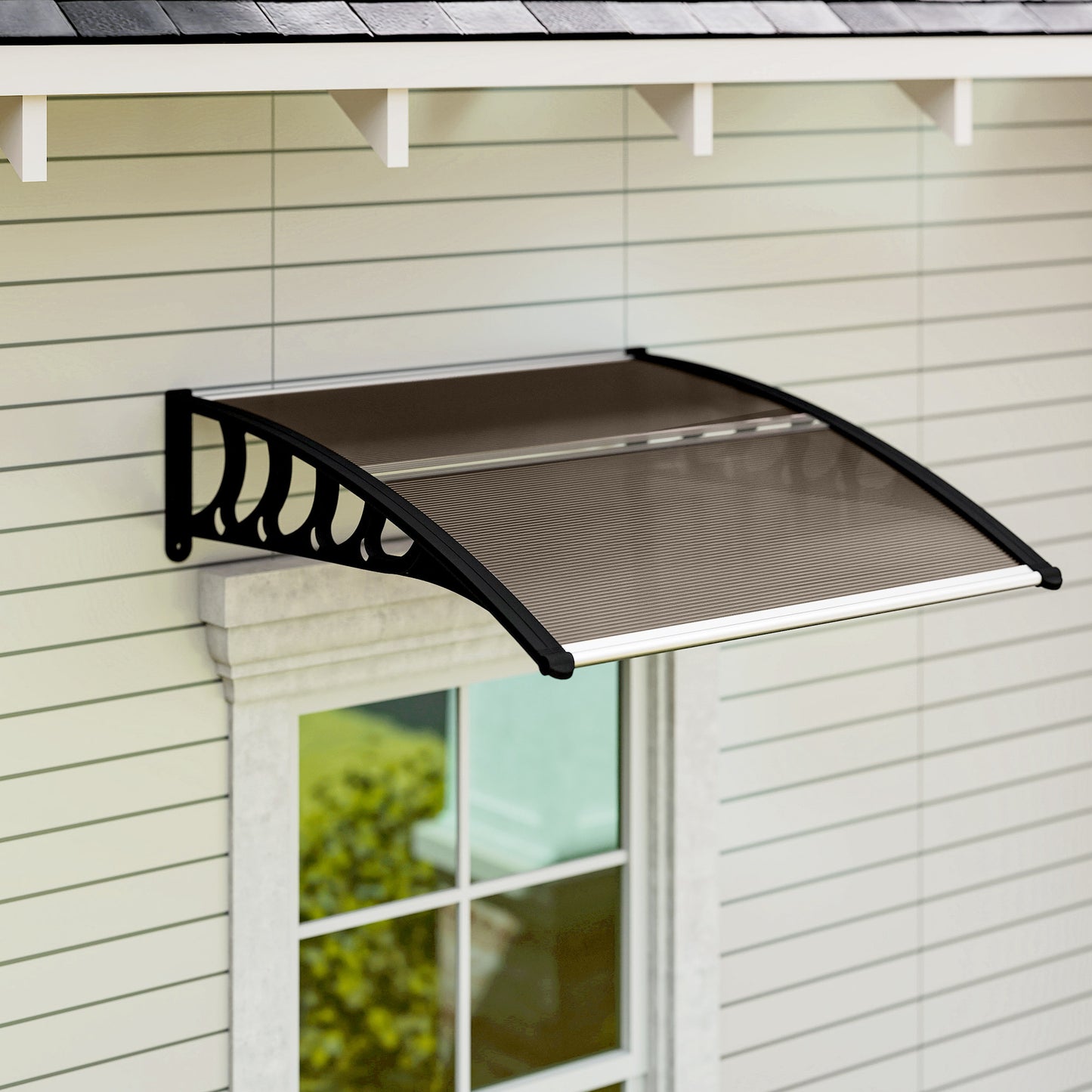 Awning Door Canopy, 40.6" x 38" Polycarbonate Front Door Outdoor Patio Cover with Hollow Sheet for UV Protection, Brown