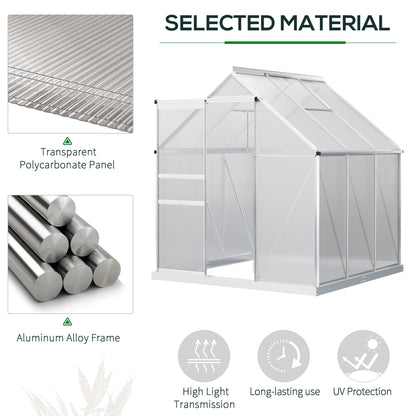 6' x 6' x 6.5' Polycarbonate Greenhouse, Walk-in Green House with Adjustable Roof Vent, Galvanized Base, Sliding Door and Rain Gutter for Outdoor, Garden, Backyard, Clear