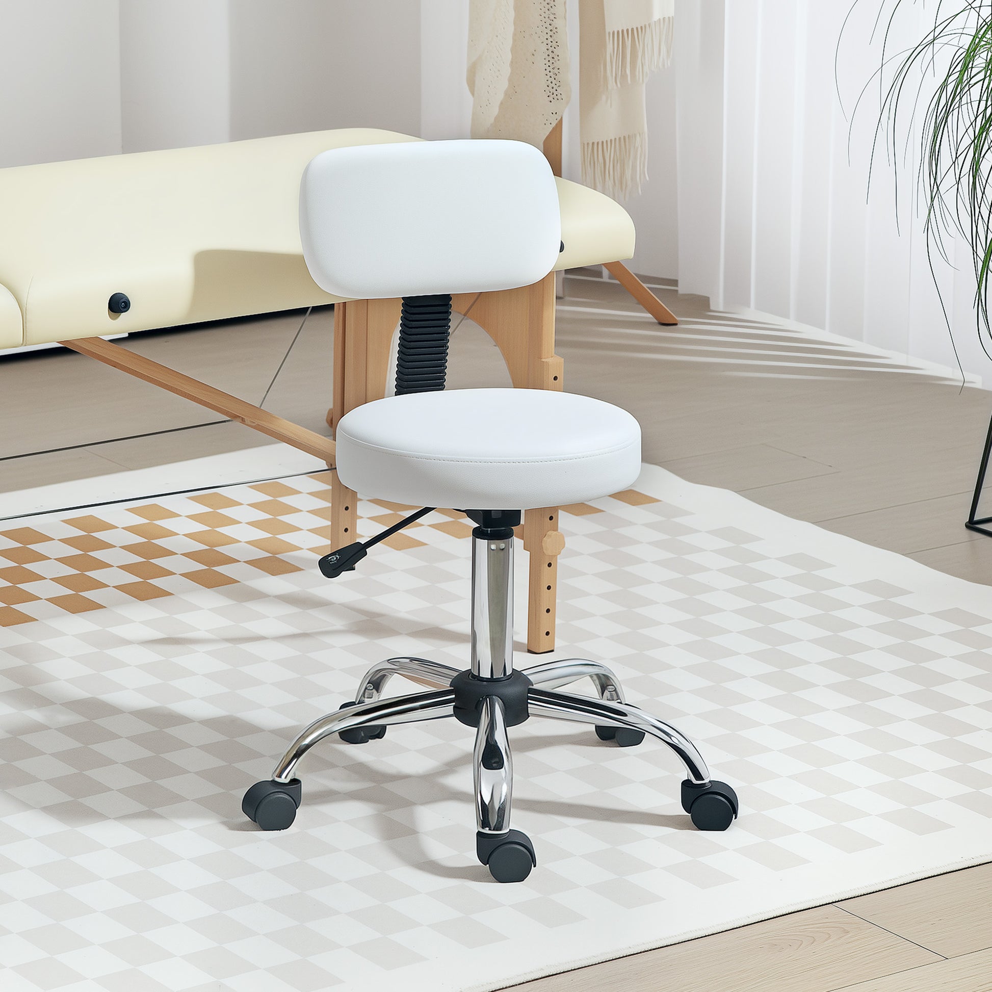 Adjustable Rolling Stool with Removable Backrest, Faux Leather Swivel Stool Chair for Salon Spa, Bar, Massage, White