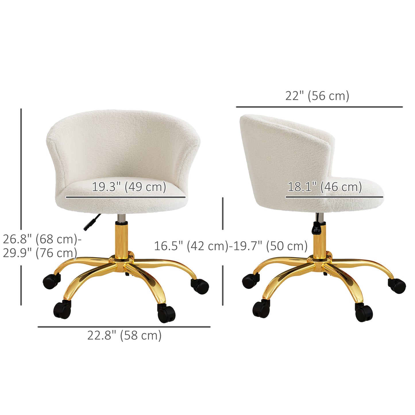 Armless Office Chair, Fluffy Computer Desk Chair with Adjustable Height, Swivel Wheels, Mid Back, Gold
