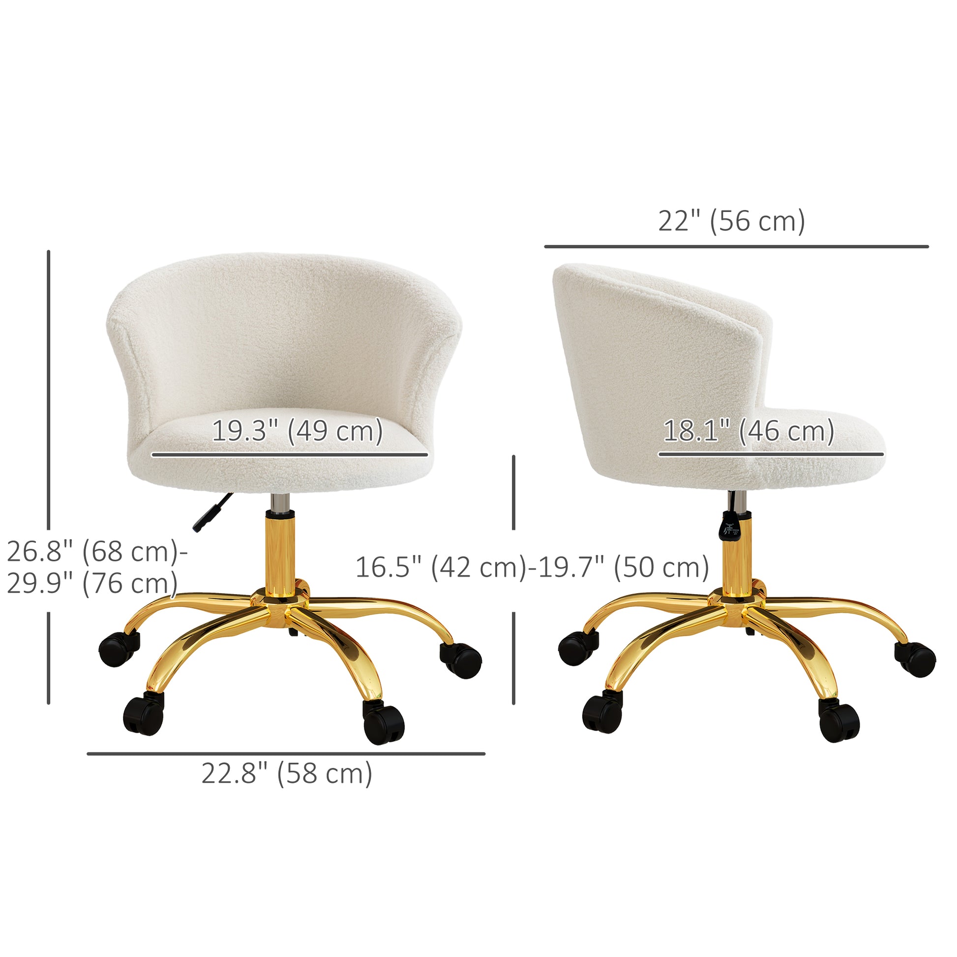 Armless Office Chair, Fluffy Computer Desk Chair with Adjustable Height, Swivel Wheels, Mid Back, Gold