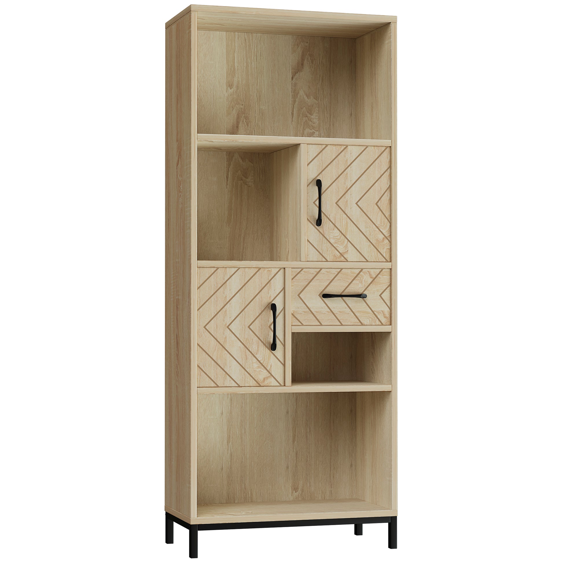 59" Bookcase, Storage Bookshelf with Cabinets, Drawer and Open Compartments, Freestanding Display Shelves for Home Office, Living Room, Study, Nature Wood