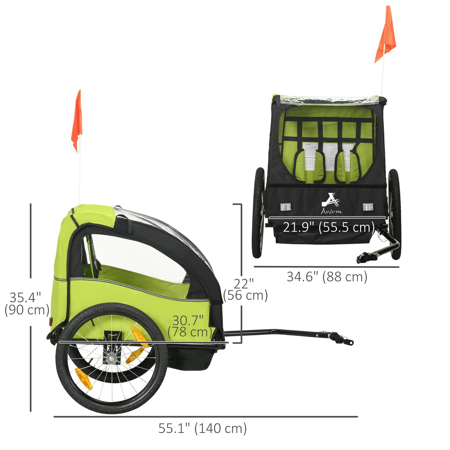 Aosom 2 Seat Bike Trailer for Kids, Baby Stroller with Storage Bag, 5 Point Harness, Bicycle Trailer with 20" Wheels, Green