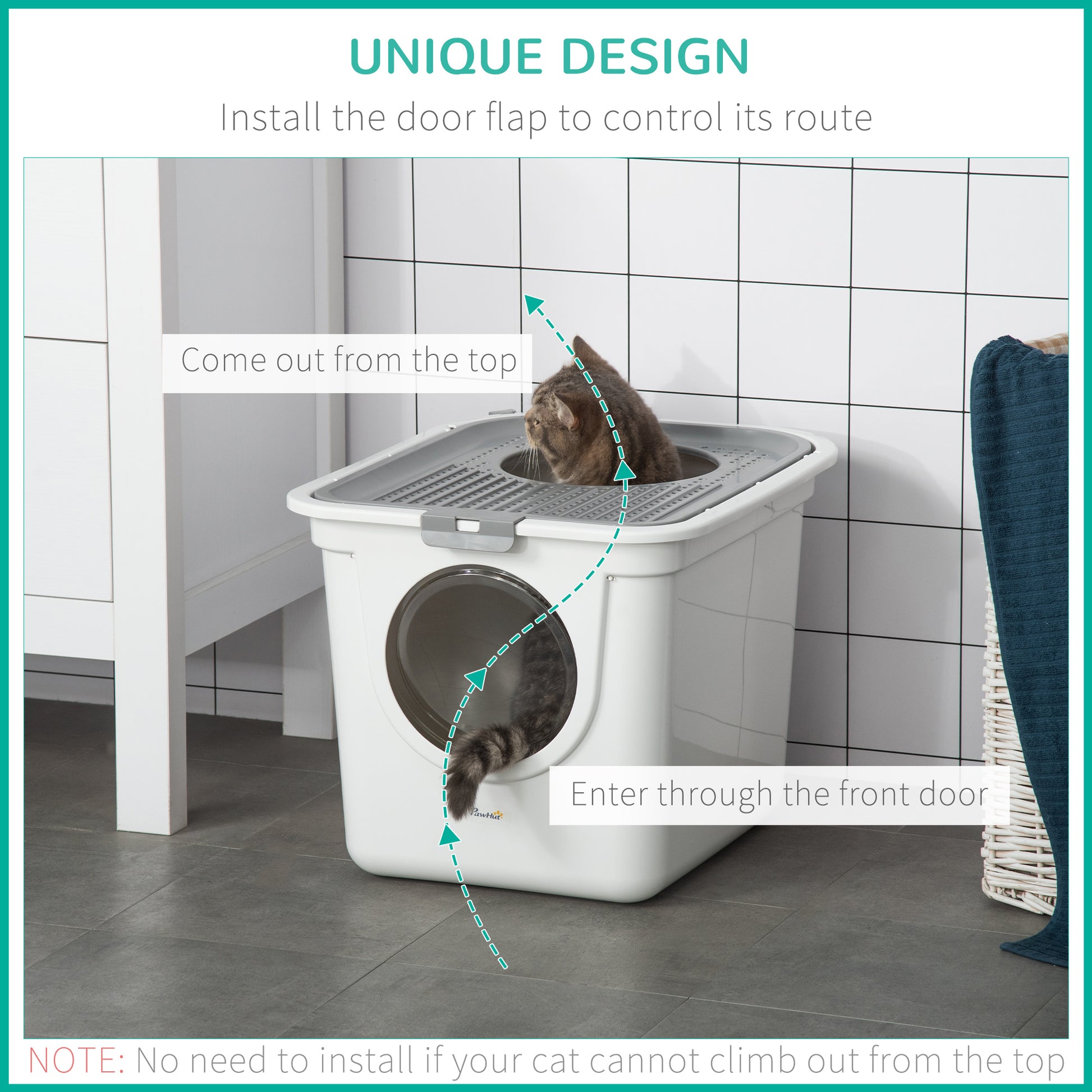 Enclosed Cat Litter Box, Easy Cleaning Kitty Litter Box with Front Entrance, Top Exit, Scoop, White