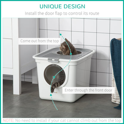 Enclosed Cat Litter Box, Easy Cleaning Kitty Litter Box with Front Entrance, Top Exit, Scoop, White