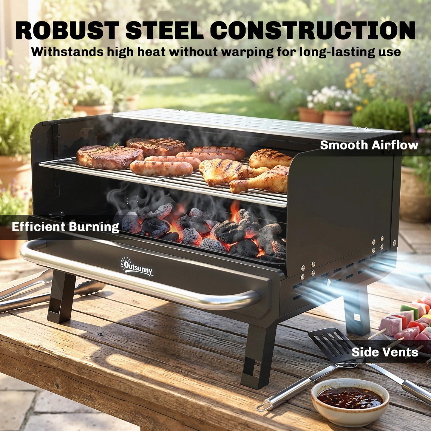 Charcoal BBQ Grill, Portable Barbecue Grill with Adjustable Grates, Foldable Legs, Side Shelf for Camping Travel, Black