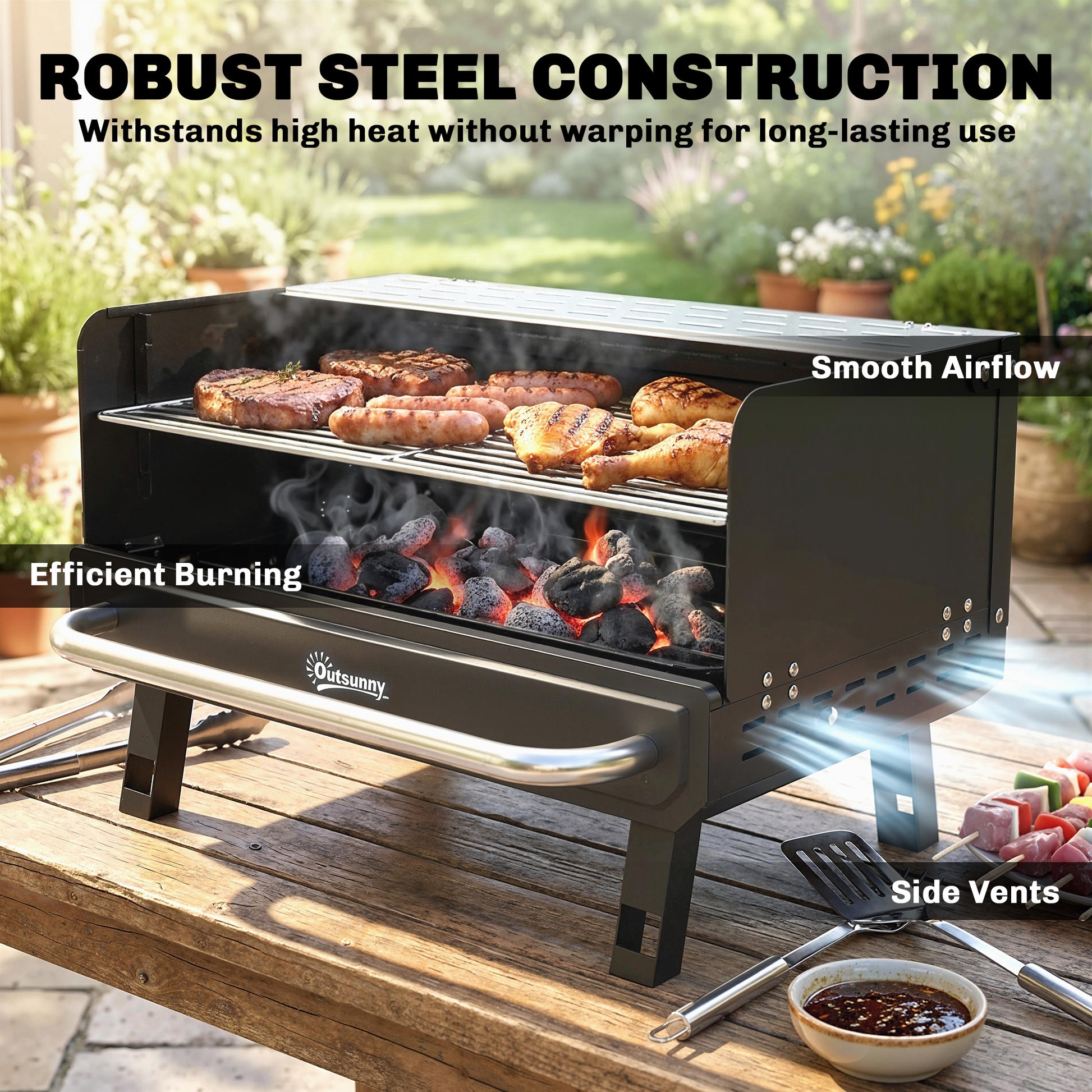 Charcoal BBQ Grill, Portable Barbecue Grill with Adjustable Grates, Foldable Legs, Side Shelf for Camping Travel, Black