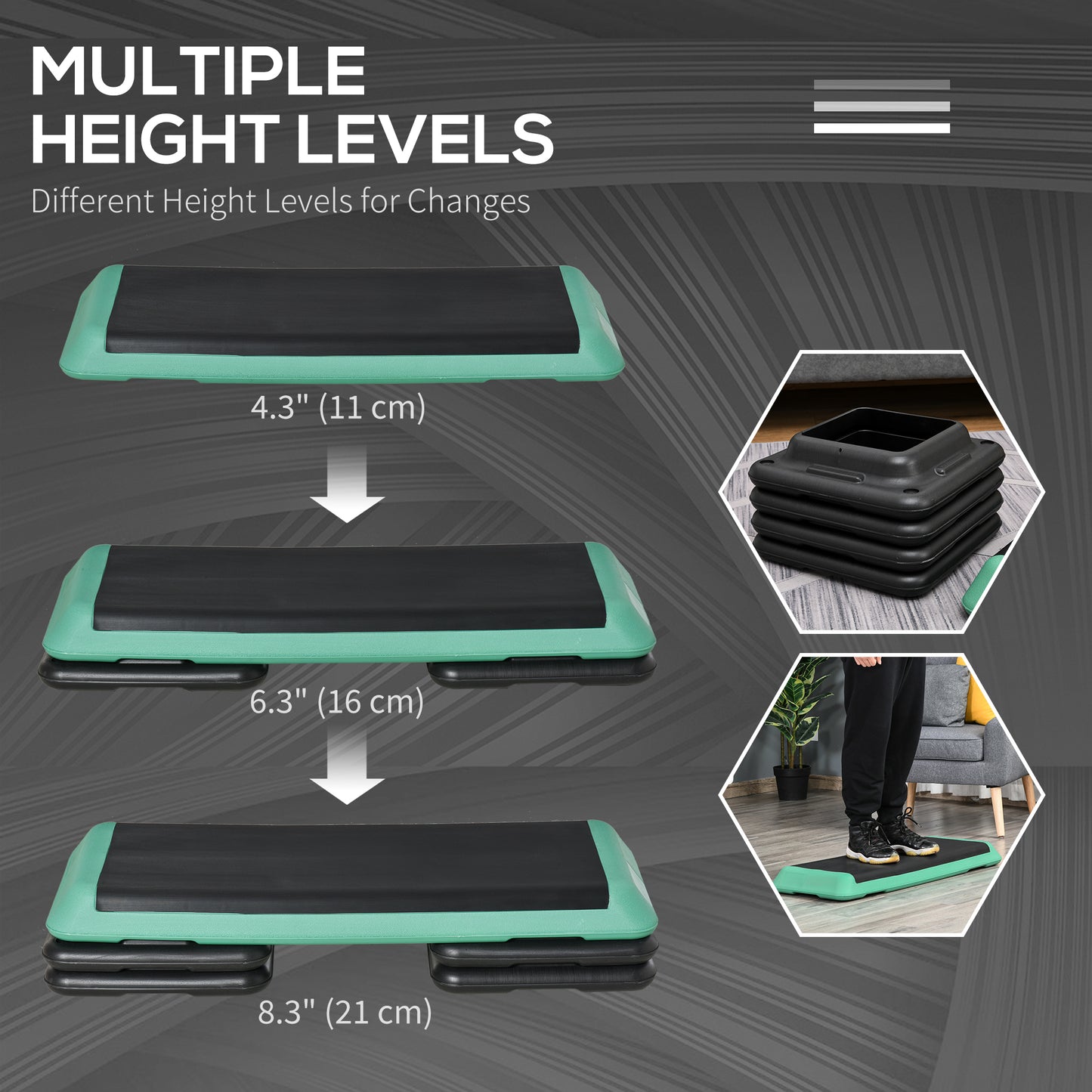 Soozier 43" Adjustable Aerobic Platform Stepper 3 Level with Risers 4” 6” 8” Cardio Fitness Trainer Workout Step Home Gym Exercise, Black Green
