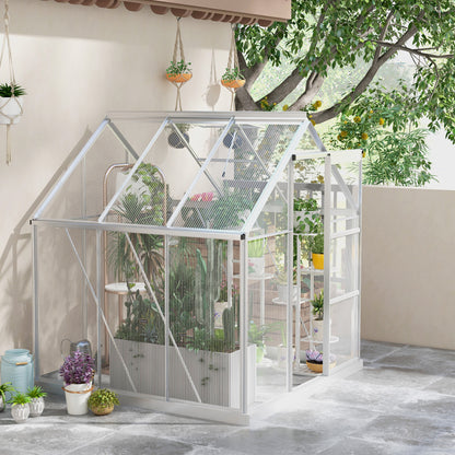 6' x 6' Walk-In Greenhouse, Polycarbonate Greenhouse with Sliding Door, Window, Aluminium Frame, Foundation, Silver