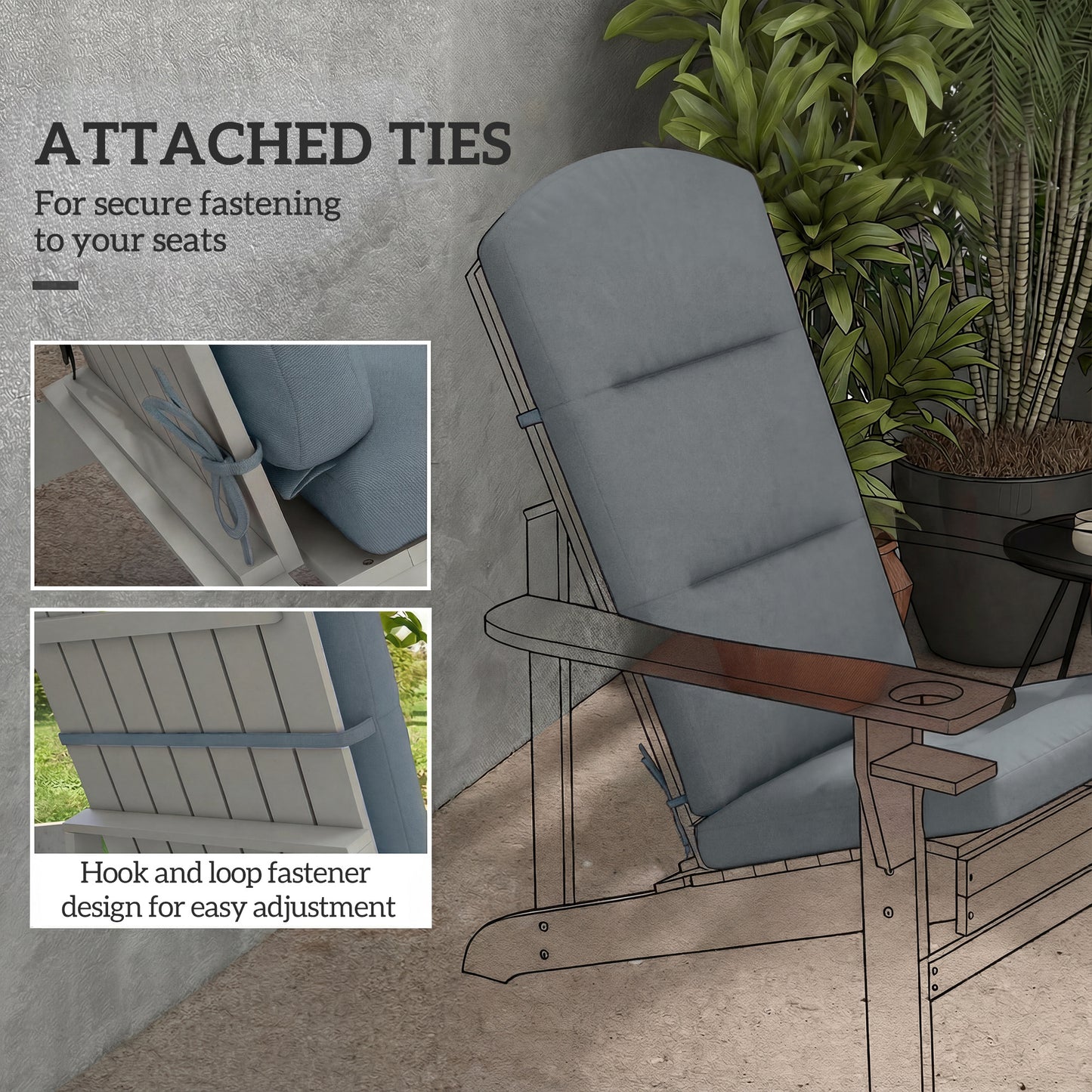 Patio Chair Cushion for Adirondack Chairs Replacement Cushion with Back and Ties, Dark Grey