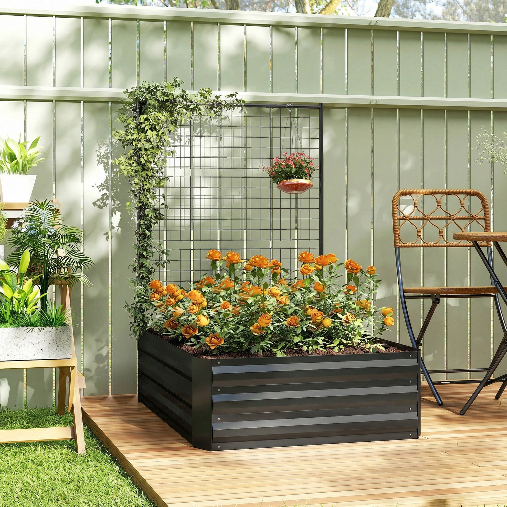 Galvanized Raised Garden Bed with Trellis for Climbing Plants, Outdoor Planter Box with Open Bottom, Black