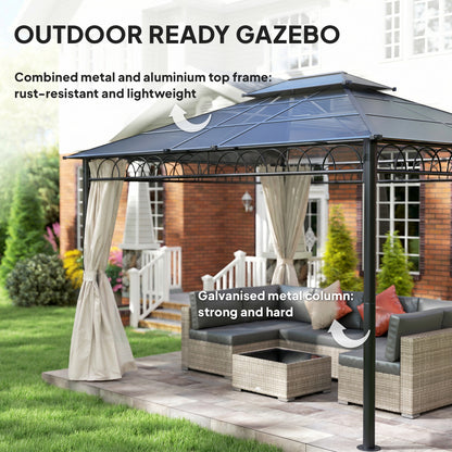 10' x 12' Outdoor Gazebo Canopy, Double Roof Hardtop Gazebo with Polycarbonate Roof, Steel Frame, Nettings and Curtains