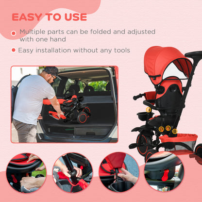 Aosom Tricycle for Toddler 6-in-1 Kids Trike, Foldable Converts Stroller to Baby Push Bike, Adjustable Backrest with Detachable Guardrail & Handle, Brake for 1-4 Years Old, Red