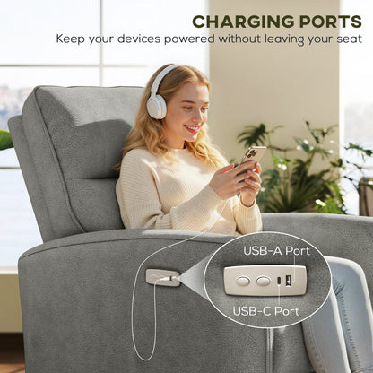 Power Recliner Chair, Fabric Upholstered Recliner Chair with USB Ports, Footrest, Grey