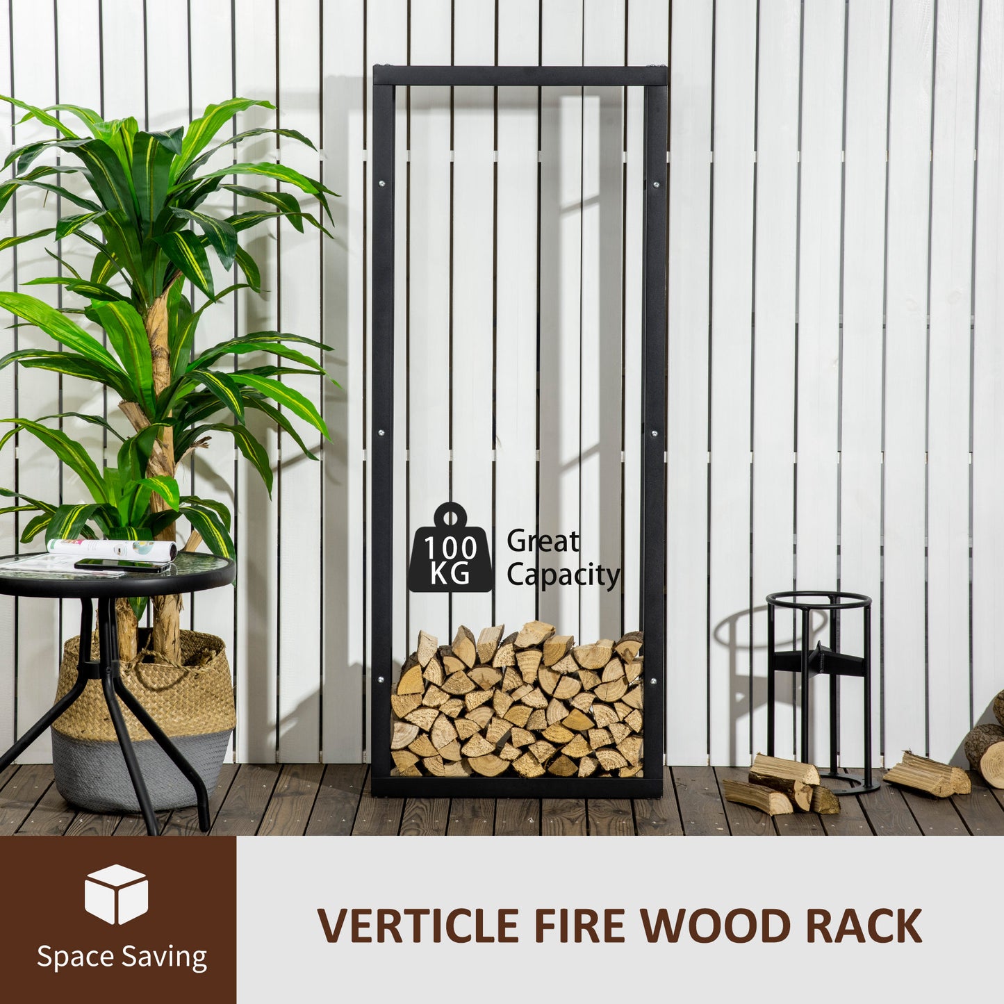 23.6" x 9.8" x 59.1" Firewood Rack Outdoor, Log Holder Fireplace Storage Rack with Handles and 220 lbs. Weight Capacity, Black