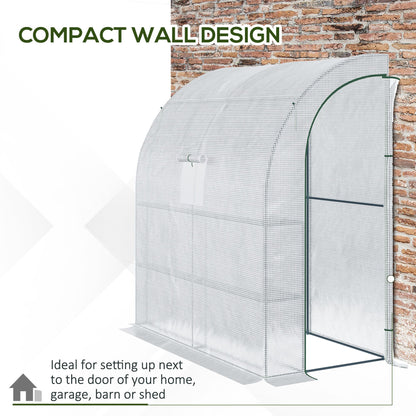 7' x 3' x 7' Outdoor Lean-to Walk-In Greenhouse w/ Roll-up Mesh Windows, Zipper Door and 3-Tier Shelves, White