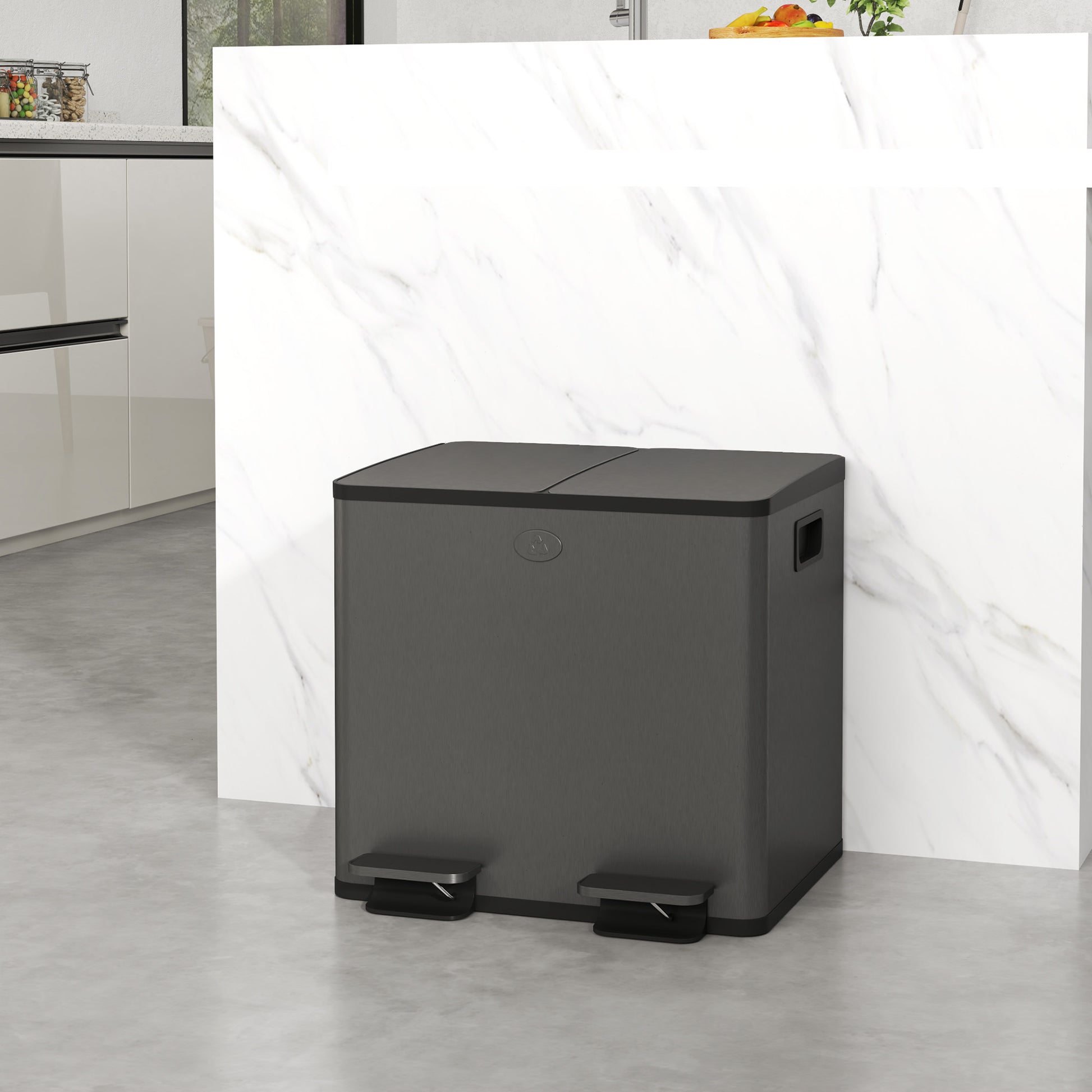 Dual Garbage Bin, Soft-Close Trash Can with Foot Pedal, 2 x 15 Liter Garbage Can with Removable Inner Buckets, Black