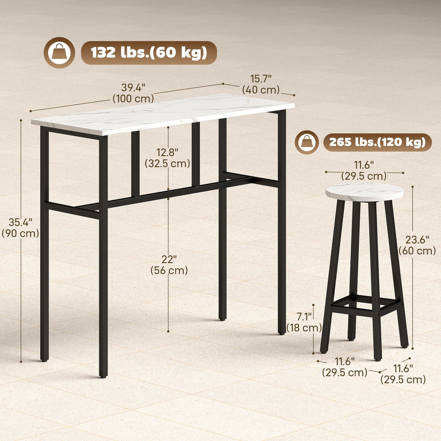 Bar Table Set of 6, Bar Table and Stools for 4, 2 Breakfast Tables and 4 Stools for Living Room, White Marble