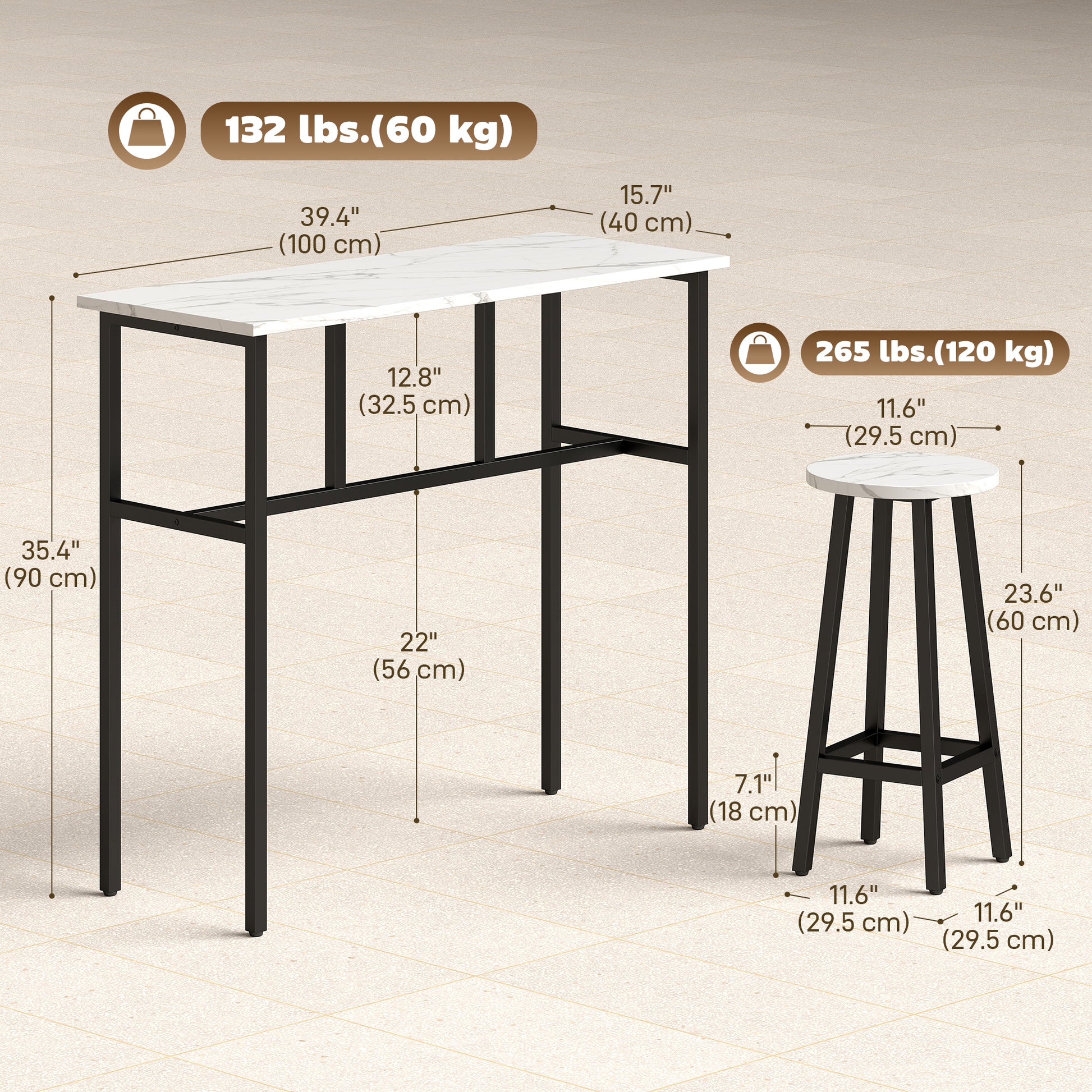 Bar Table Set of 6, Bar Table and Stools for 4, 2 Breakfast Tables and 4 Stools for Living Room, White Marble