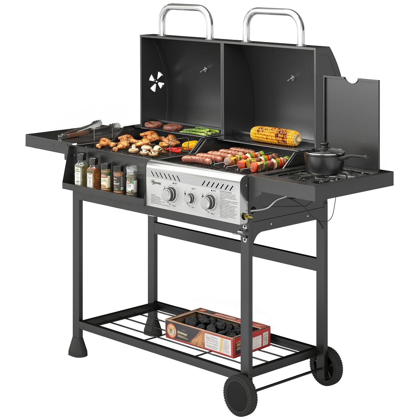 Dual Fuel BBQ Grill, Charcoal and 2+1 Gas Burner Barbecue Grill with Wheels, Warming Rack, Black