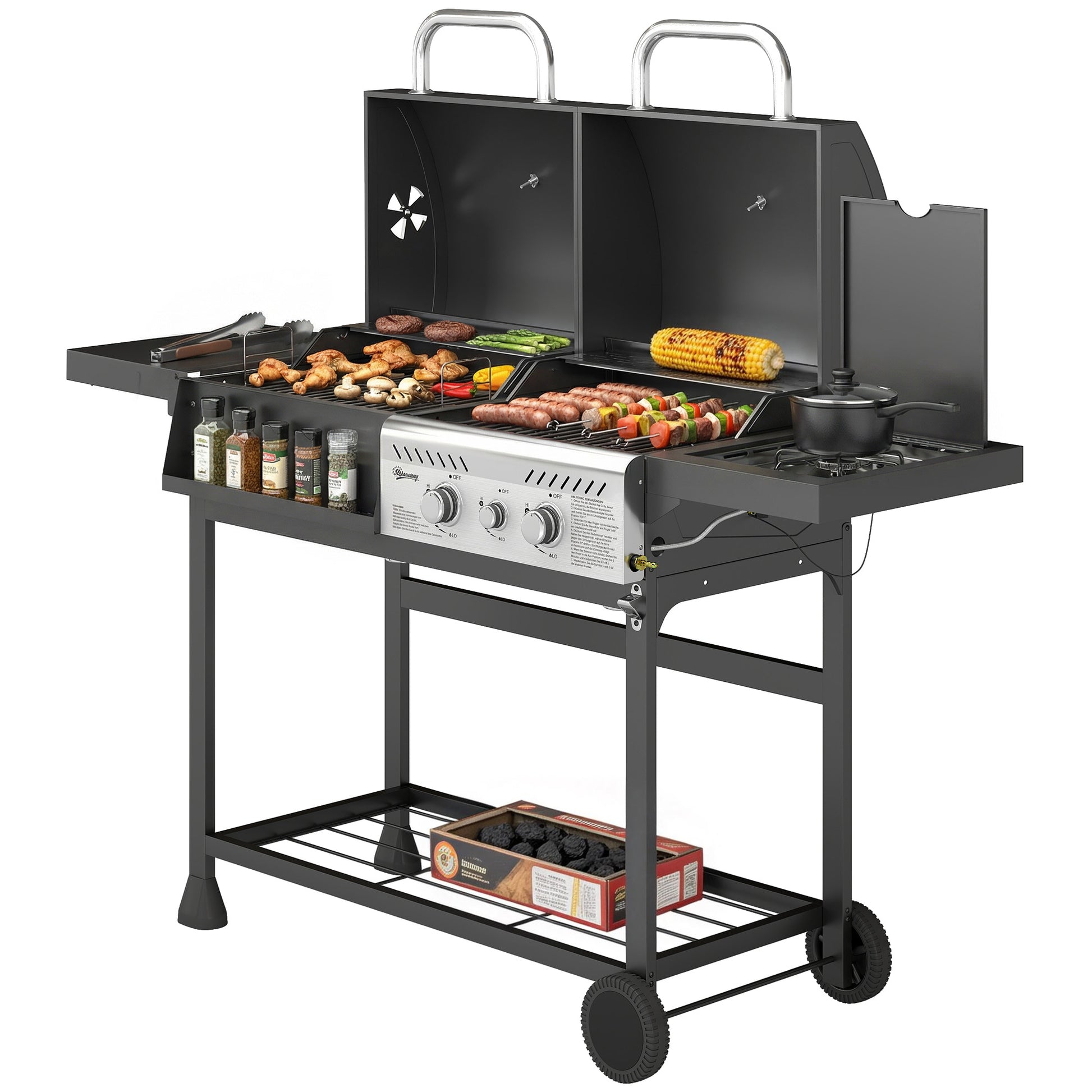 Dual Fuel BBQ Grill, Charcoal and 2+1 Gas Burner Barbecue Grill with Wheels, Warming Rack, Black